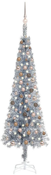 vidaXL Schlanker Weihnachtsbaum mit LEDs & Kugeln silber 210 cm (3078093)