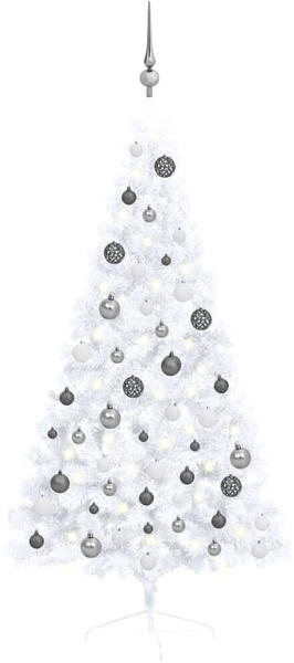 vidaXL Künstlicher Halber Weihnachtsbaum mit LEDs & Kugeln weiß 150 cm (3077655)