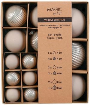 MAGIC by Inge Weihnachtsbaumkugel aus Glas 4-8cm Mix gerillt 16er Set Fine Alabaster