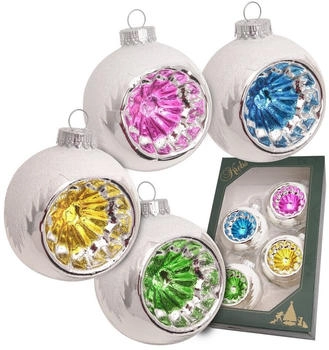 Krebs Lauscha Christbaumschmuck Reflexkugeln retro Schneedach silberfarbig Glas, handgefertigt, 4-tlg. 7 cm