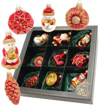 Krebs Lauscha 9er Boxset Christbaumschmuck Rot - verschiedene Motive ca. 7cm