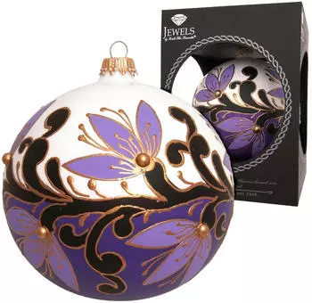 Krebs Lauscha Jugendstilkugel, Weiß & Violet, 10cm Glas KGL24222