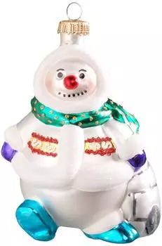 Krebs Lauscha Weiß/Blau 11cm Schneemann mit Schal, Glasornament, mundgeblasen und handdekoriert Glas CBK01052