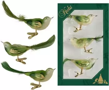 Krebs Lauscha Grün/gold transparent 11cm Glasvögel auf Clip mit 6cm Federschwanz mundgeblasen und handdekoriert, 3-fach sortiert Glas CBK80874
