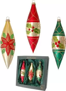 Krebs Lauscha Rot, Gold, Grün seidenmatt 15cm Olivensortiment aus Glas, 3-teilig, mundgeblasen und handdekoriert Glas KGL03374