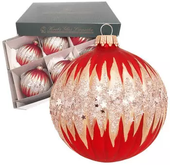 Krebs Lauscha Riffelkugeln mit Glitter & Sternen, Rot & Gold Satin, 8cm Glas KGL24231