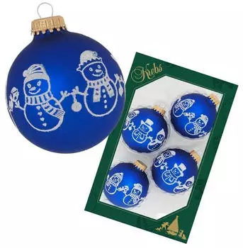 Krebs Lauscha Königsblau matt 7cm Glaskugel mit weißer Banddekoration Schneemänner bestreut Glas CBK00076