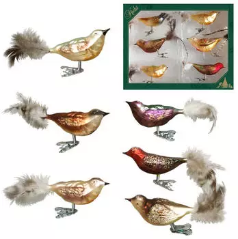 Krebs Lauscha Multicolor Set 11cm Waldvögel aus Glas auf Clip mit 6cm Federschwanz mundgeblasen und handdekoriert, 6-fach sortiert Glas CBK80865