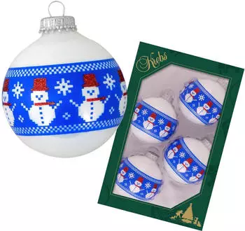 Krebs Lauscha Porzellanweiß 7cm GlaskKugeln mit genähtem Schneemann Band (4) - Glas CBK70377