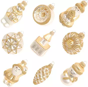 Krebs Lauscha Goldfarbiges Formen- & Figuren-Sortiment 6-8cm, 9-teilig, Glasornamente, mundgeblasen, handbemalt Glas KGL03401