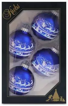 Krebs Lauscha Königsblau matt 7cm Glaskugel Banddekor Winterdorf und Santa Glas CBK10367