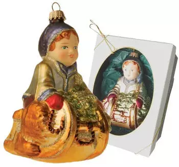 Krebs Lauscha Multicolor 12cm Junge auf Schlitten, Glasornament, mundgeblasen und handdekoriert mit Glitter Glas KGL70914