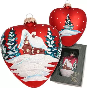 Krebs Lauscha Herz mit verschneitem Haus, Rot Satin, 10cm Glas KGL24203