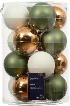 Kaemingk Kugelset 16-er wollweiss/gold/grün, Glas, Ø8cm