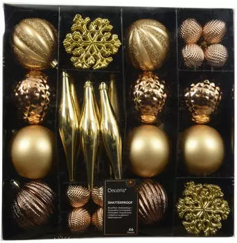 Decoris Weihnachtskugeln mit Baumschmuck aus Kunststoff bruchsicher 8 cm gold-braun 46 Stück
