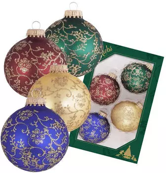 Krebs Lauscha Traditionelle Farben Rot/Gold/Grün/Blau, 7cm Glaskugel mit goldenem Glitterdekor, handbemalt Glas CBK62404