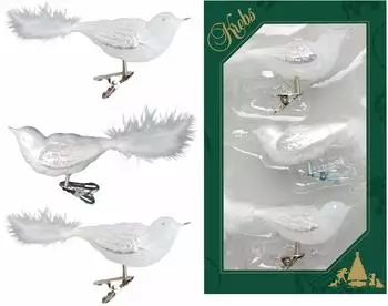 Krebs Lauscha Eislack weiß 11cm Glasvögel auf Clip mit 6cm Federschwanz mundgeblasen und handdekoriert, 3-fach sortiert Glas CBK80873