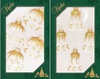 Krebs Lauscha Kristall 7cm Kugeln und 8cm Glocken aus Glas handdekoriert mit goldenem Schneedach und Blätterband 2-fach Glas CBK900007A