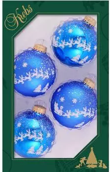 Krebs Lauscha Klassische blau glänzend / matte 7cm Glaskugel mit weißem Druck Santa mit seinen Rentieren Glas CBK72896