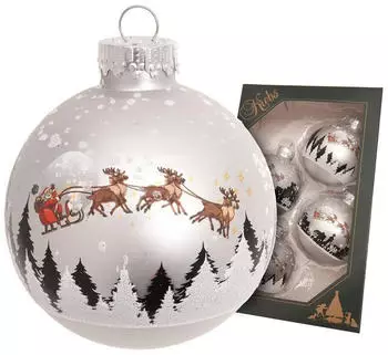 Krebs Lauscha Weihnachtsbaumkugeln 4er Set - Santa mit Rentieren in Silber ca. 7 cm