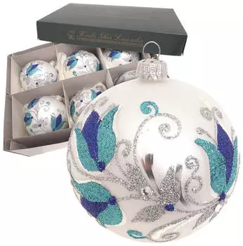 Krebs Lauscha Kugeln Blaue Blume, Silber Satin, 8cm Glas KGL24241