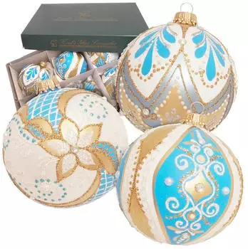 Krebs Lauscha Kugeln Barock, Weiß/Blau/Gold Satin, 8cm Glas KGL24239