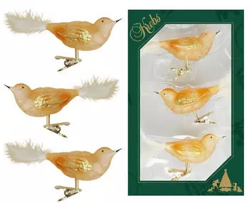 Krebs Lauscha Gold schattiert transparent 11cm Glasvögel auf Clip mit 6cm Federschwanz mundgeblasen und handdekoriert, 3-fach sortiert Glas CBK80877
