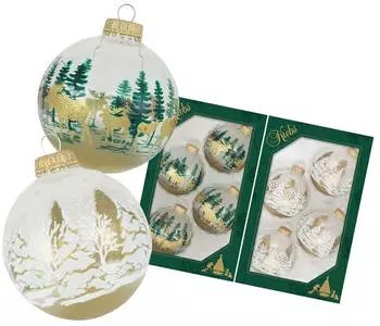 Krebs Lauscha Kristall 7cm Glaskugelset Banddekor Winterwald und Elche 2-fach Glas CBK730166A