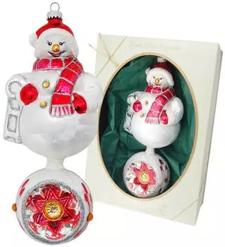 Krebs Lauscha Eisweiß/Rot 20cm Doppelform Schneeman mit Reflex, Glasornament, mundgeblasen und handdekoriert Glas KGL03322