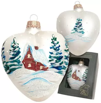 Krebs Lauscha Weihnachtsbaumschmuck - silbernes Herz mit verschneitem Haus ca. 10 cm