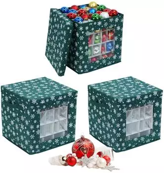 Relaxdays Weihnachtskugel Aufbewahrungsbox 3er-Set, dunkelgrün/weiß