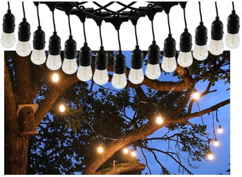 ChiliTec LED Aussen Lichterkette 14m lang 15 LED Lampen IP44 Biergarten Terrasse Balkon Party Hochzeit Kabel Schwarz I Licht Warmwei&szlig;