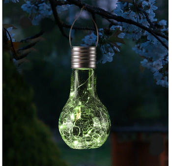 Marelida LED Solar Glühbirne CRACKLE GLOW - warmweiße LED Drahtlichterkette - H:17cm - Lichtsensor - grün