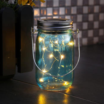 Marelida LED Solar Glas - Windlicht - mit Drahtlichterkette - Lichtsensor - H: 14cm - D: 8cm - blau