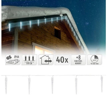 ECD Germany Led Eiszapfen Lichterkette Kaltweiß, 40 Zapfen, Vorhang 5,7m + 5m Zuleitung, 8 Leuchtmodi + Timer, Wasserdicht IP44