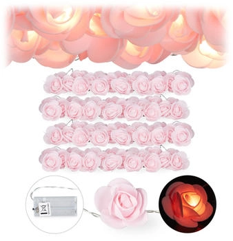 Relaxdays 4 x Rosen Lichterkette, 20er Led Lichterkette Batterie, Hochzeit, Verlobung & Valentinstag, warmweiß, Deko, rosa