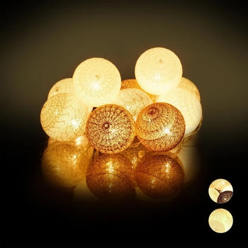 Relaxdays Led Lichterkette mit 10 Baumwollkugeln, batteriebetrieben, Stimmungslichter, Kugeln 6 cm &oslash;, wei&szlig;-grau-braun