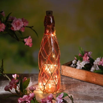 Marelida LED Dekoflasche mit Lichterkette Juteseil Leuchtflasche H: 28cm dunkelrosa - rosa Glas