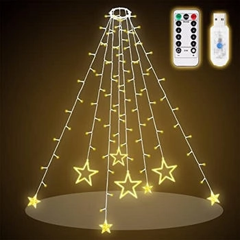 Salcar 2m Christbaumbeleuchtung mit Ring Sterne Weihnachtsbaum mit Fernbedienung und 9 Modi LED Tannenbaum Überwurflichterkette Warmweiß (WL56)
