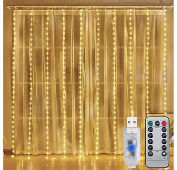 Salcar LED- Lichtervorhang Innen 8 Modi LED Vorhang Innen Außen 3m x 3m 300 LED Warmweiß Weihnachten Vorhang 3 m (WL67)