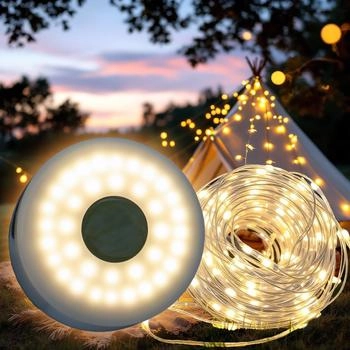 Spetebo Camping 2in1 aufrollbar USB aufladbar 10 m / 136 LED Akku Lampe warm weiß mit 7 Leuchtfunktionen Campinglampe Garten Leuchte tragbar wiederaufladbar