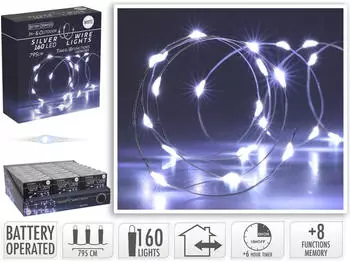 Koopman LED-Lichterkette kaltweiß Batteriebetrieben 160 LEDs Silberdraht Innen/Außen 7,95m