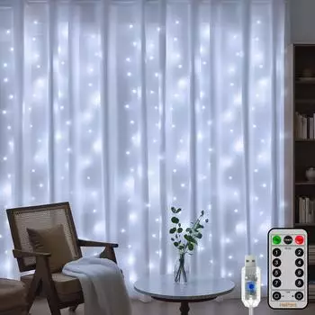 HeiPard LED Lichtervorhang 3x3m, 300 LEDs Kaltweiß, 8 Modi, USB (HP-CSL-300-C)