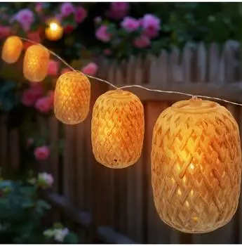 Spetebo Solar-Lichterkette 10 Lampions in Rattan-Optik, 450cm, warm wei&szlig; (4333)