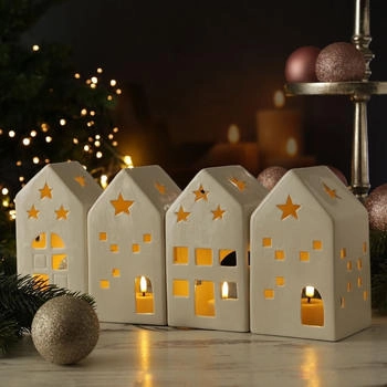Marelida Teelichthalter Lichthäuser Lichterdorf Teelichthaus Porzellan weiß 4er Set