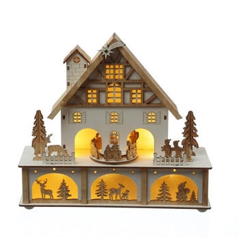 Marelida LED Weihnachtshaus mit Musik und drehendem Karussell beleuchtete Weihnachtsszene H: 25cm