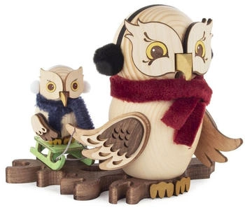Kuhnert Drechslerei Rauchfigur/Räucherfigur Eule Schlittenfahrt mit Kind aus Massivholz ca. 15 cm Made in Germany