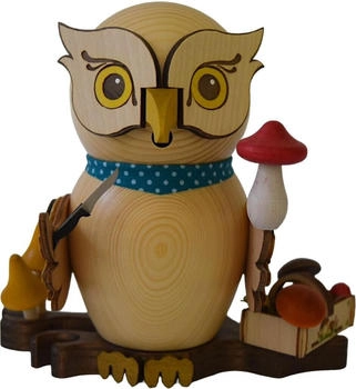 Kuhnert Drechslerei Rauchfigur/Räucherfigur Eule Pilzsammler aus Massivholz ca. 15 cm Made in Germany