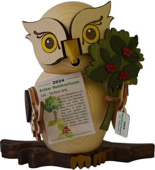 Kuhnert Drechslerei Rauchfigur/Räucherfigur Eule Jahreseule 2024 Mehlbeere aus Massivholz ca. 15 cm Made in Germany