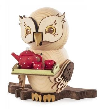 Kuhnert Drechslerei Rauchfigur/Räucherfigur Eule mit Teeservice aus Massivholz ca. 15 cm Made in Germany